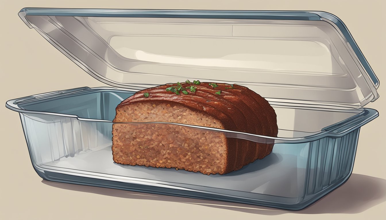 A meatloaf being sliced and stored in a container for later use