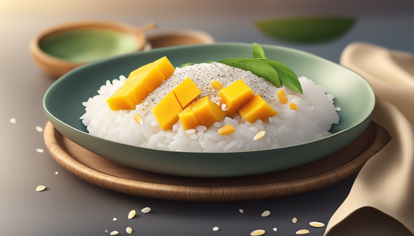 A plate of mango sticky rice, with ripe mango slices on top, surrounded by a drizzle of sweet coconut milk and a sprinkle of sesame seeds