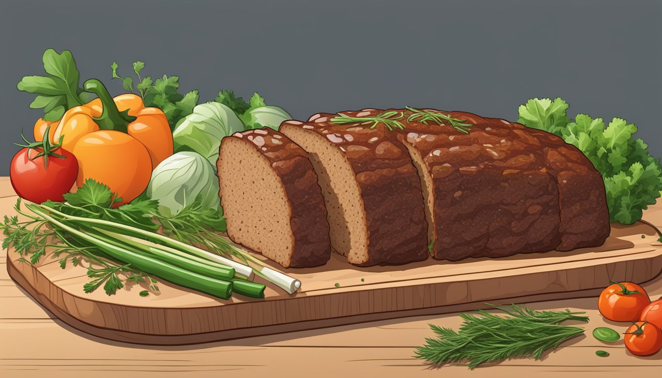 A meatloaf sliced on a wooden cutting board, surrounded by fresh herbs and vegetables