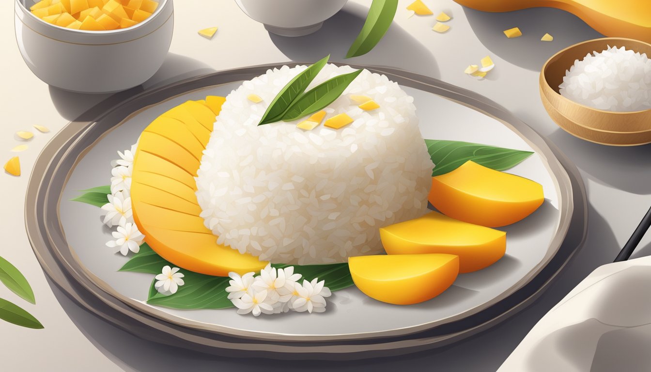 A plate of mango sticky rice with sliced mango, coconut milk, and sticky rice arranged in a visually appealing manner