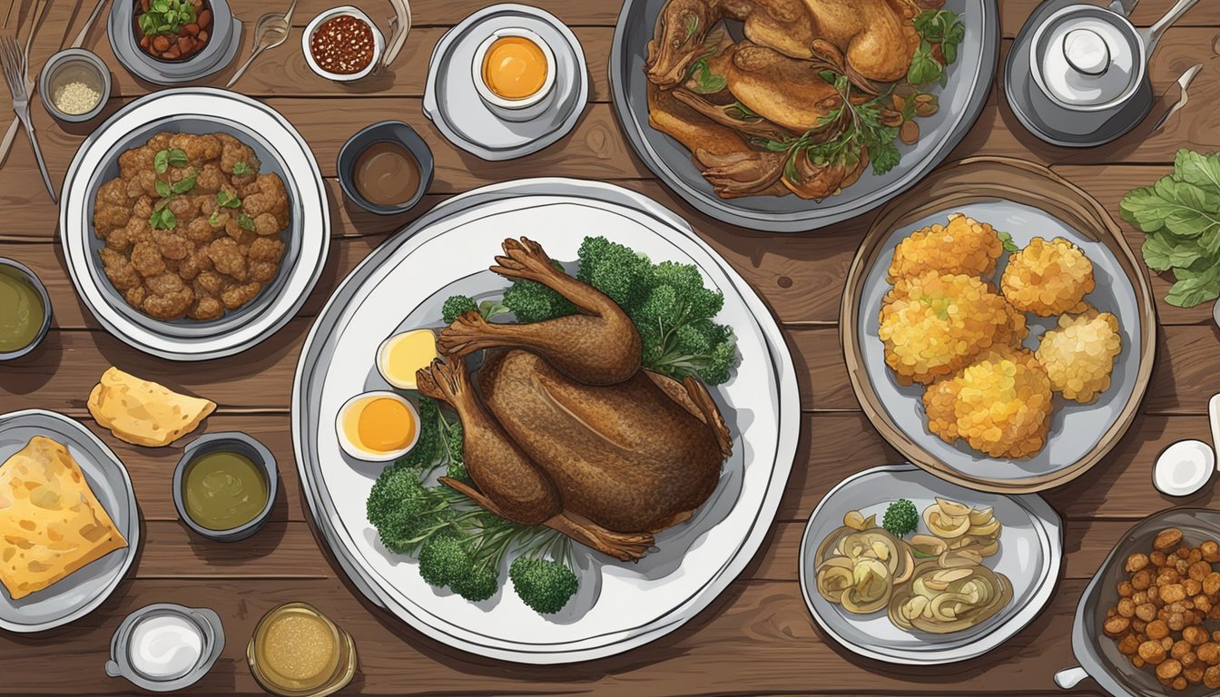 A rustic kitchen table with a platter of crispy duck confit, surrounded by various side dishes and condiments