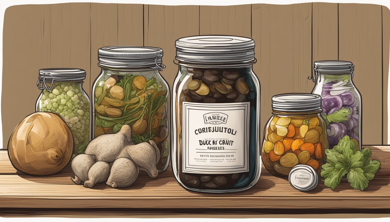 A jar of duck confit sits on a wooden shelf, surrounded by jars of pickled vegetables and preserves. A label on the jar indicates the date it was made