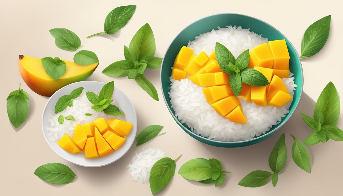 A bowl of mango sticky rice topped with coconut milk, surrounded by fresh mango slices and a sprig of mint