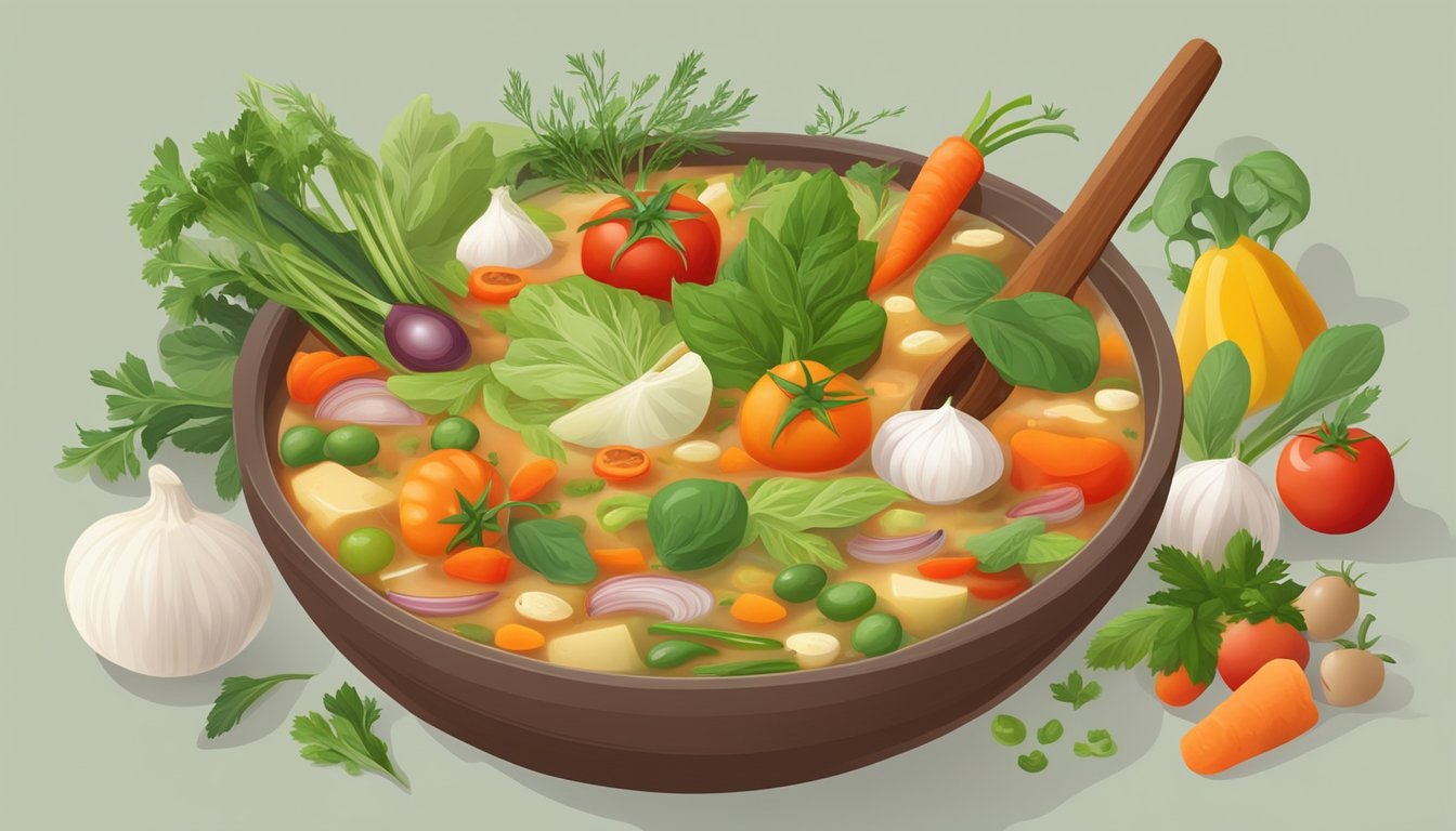 A bowl of minestrone soup surrounded by a variety of fresh vegetables and herbs, with a spoon resting on the side