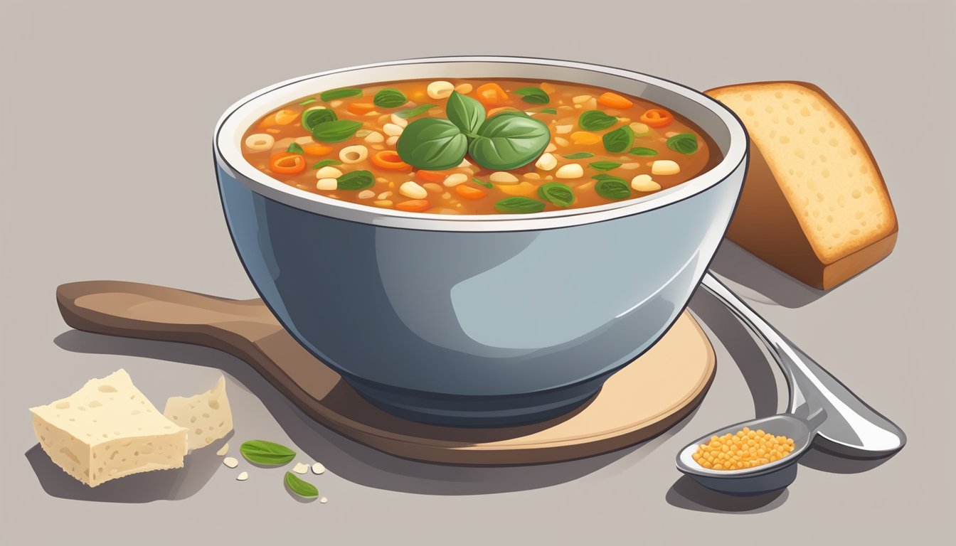 A bowl of minestrone soup with a spoon resting on the side, surrounded by freshly baked bread and a sprinkle of grated parmesan cheese