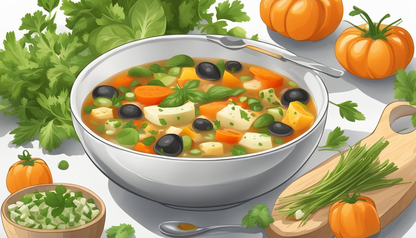 A bowl of minestrone soup being enjoyed with a spoon, surrounded by freshly chopped vegetables and herbs