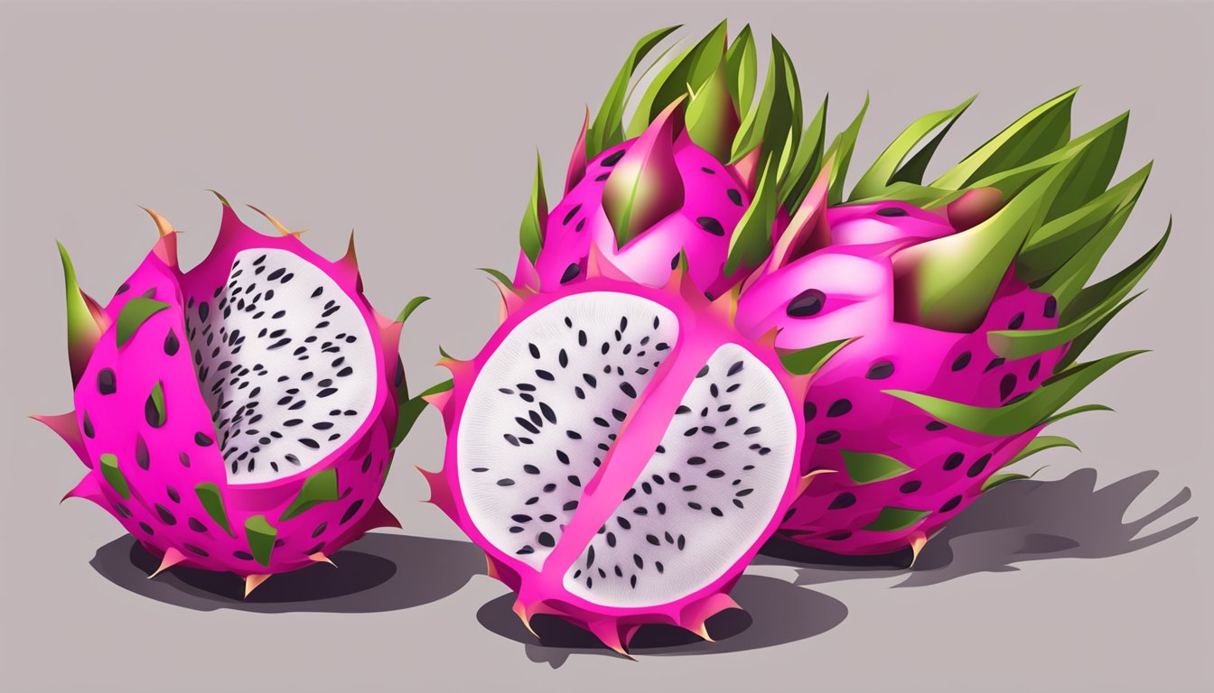 A dragon fruit sliced into halves, with the flesh scooped out and placed in a bowl, ready to be eaten with a spoon