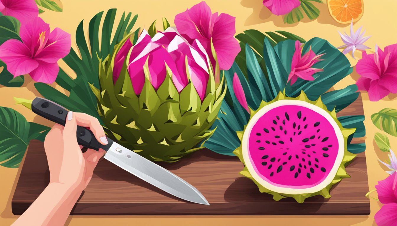 A person slicing open a ripe dragon fruit with a knife on a wooden cutting board, surrounded by tropical foliage and flowers