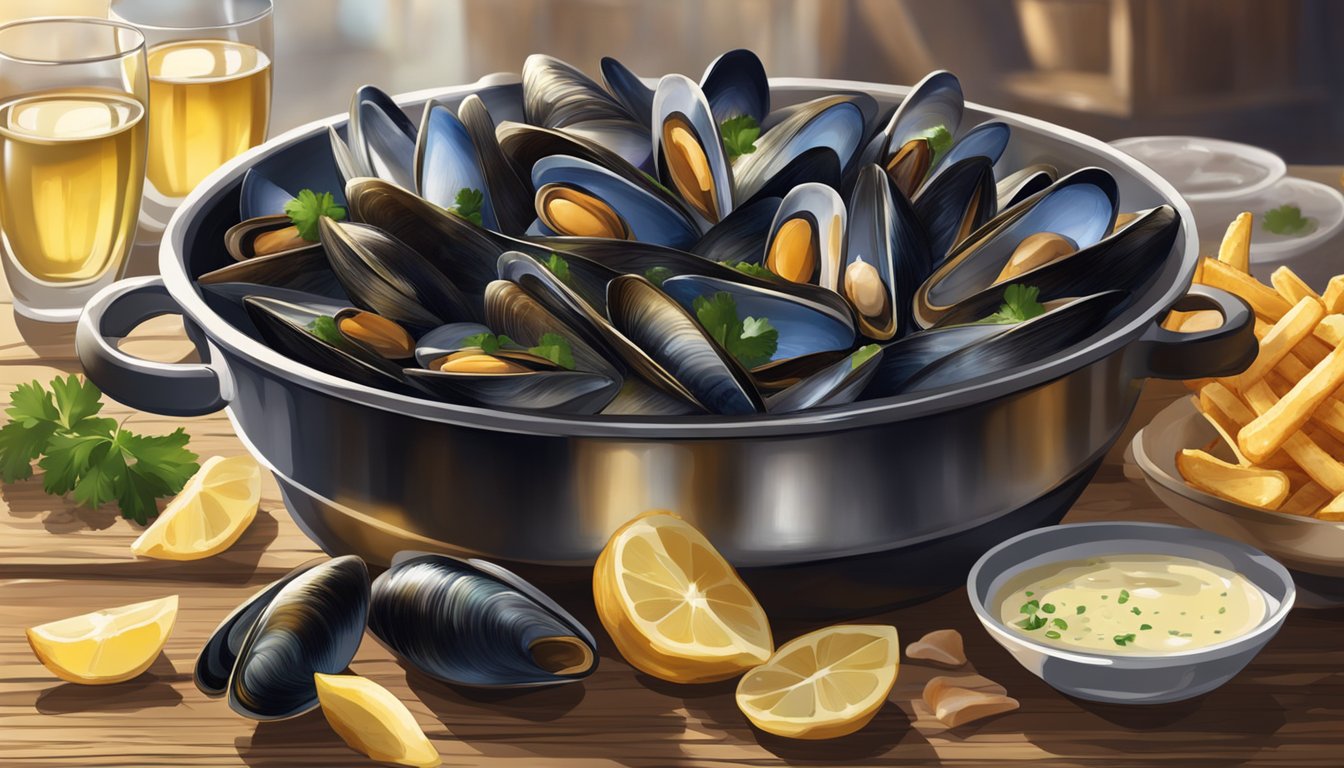 A steaming pot of moules marinière sits on a rustic wooden table, surrounded by empty shells. A bowl of crispy fries and a glass of white wine complete the scene