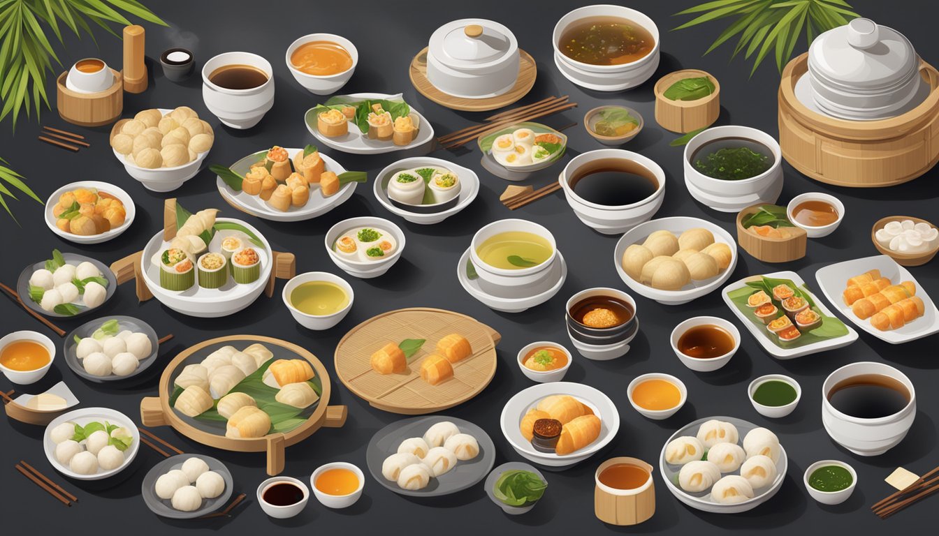 A table spread with bamboo steamers filled with various dim sum dishes, surrounded by small plates of dipping sauces and steaming cups of tea