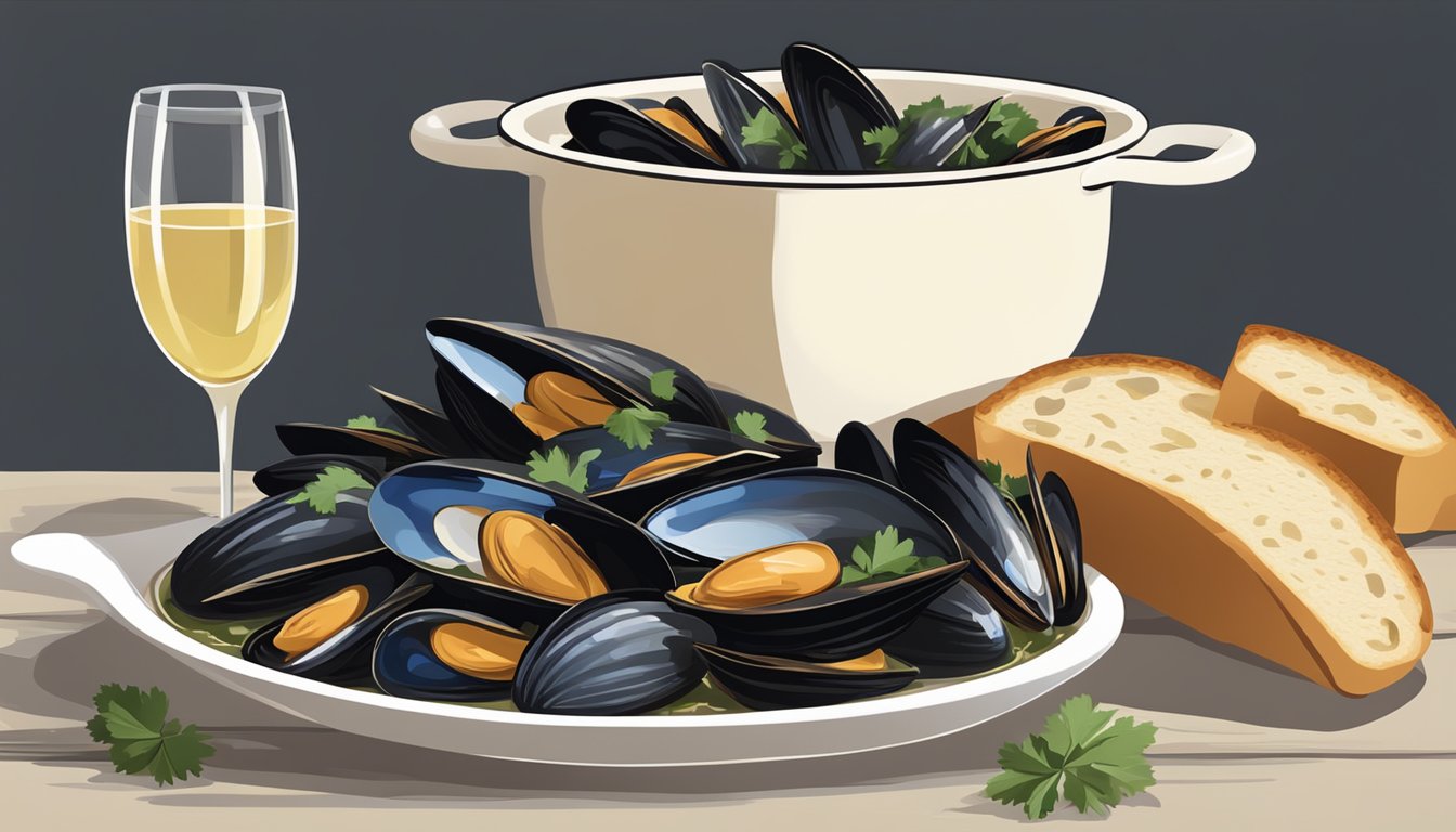 A steaming pot of mussels in a fragrant broth, surrounded by crusty bread and a glass of white wine