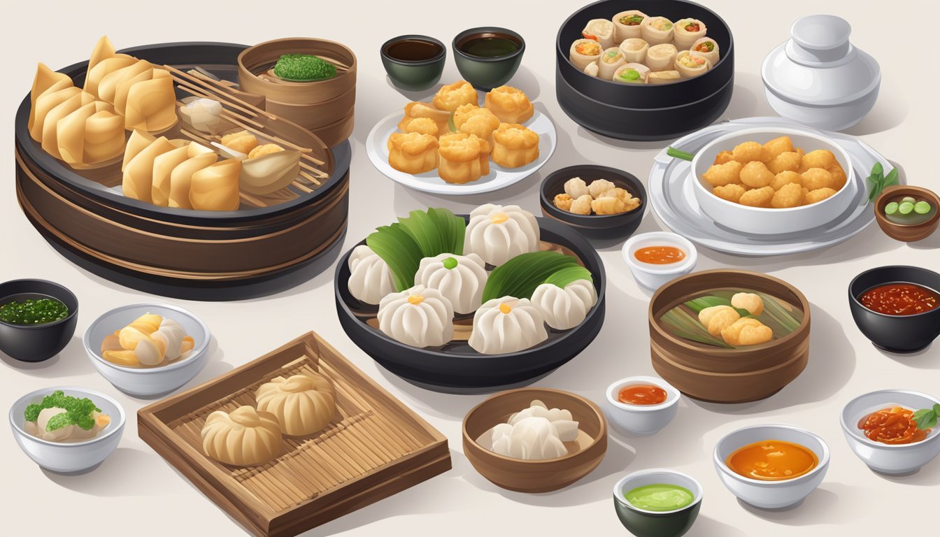 A table set with various steamed and fried dim sum dishes, accompanied by a variety of condiments and sauces