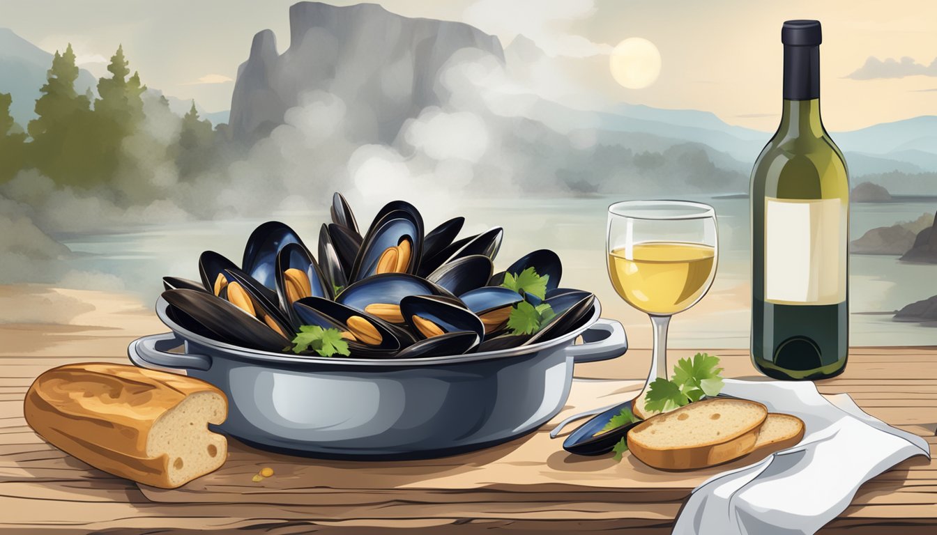 A steaming pot of moules marinère, surrounded by crusty bread and a glass of white wine on a rustic wooden table