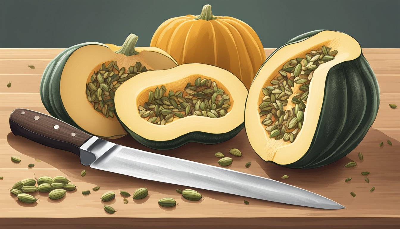 A whole marrow squash being sliced open, revealing its seeds and flesh, with a knife and cutting board nearby