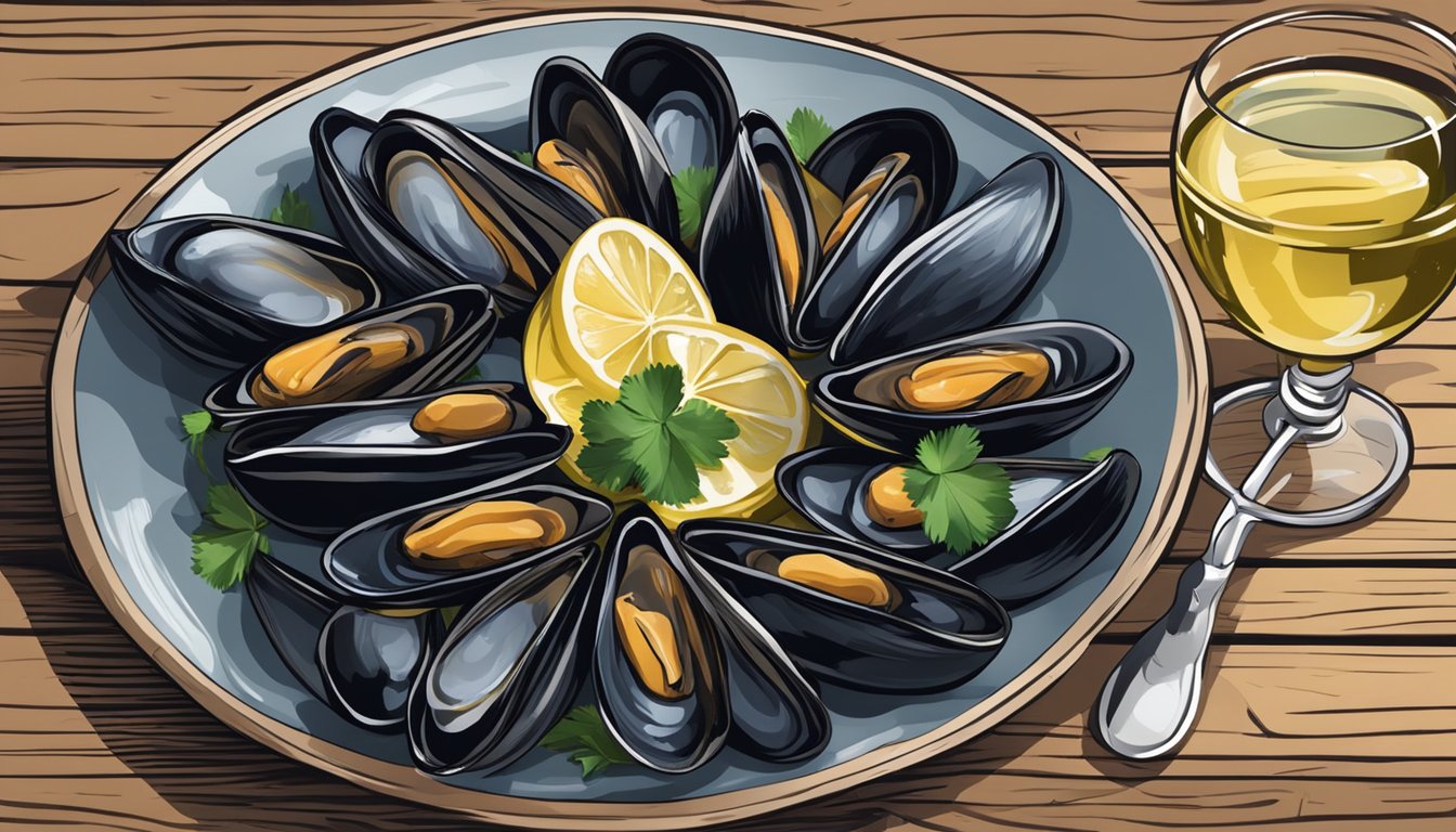 A plate of moules marinière with a glass of white wine on a rustic wooden table