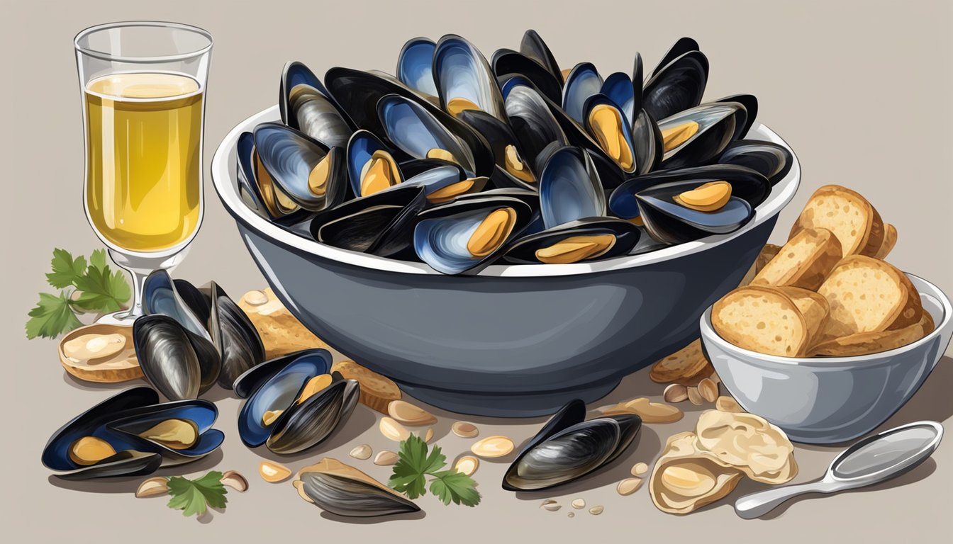 A bowl of steaming moules marinière surrounded by a pile of empty shells, with a side of crusty bread and a glass of white wine