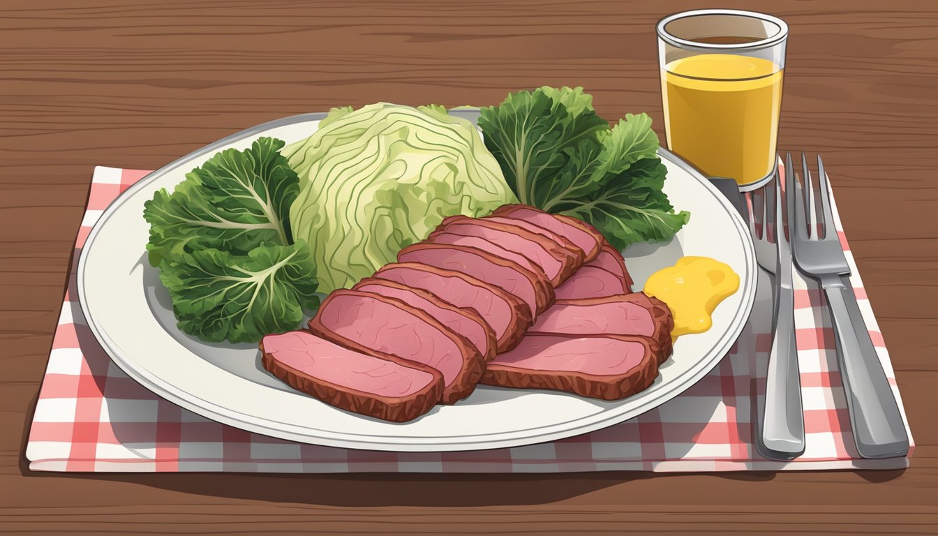 A table set with a plate of sliced corned beef, a fork, and a knife. A small dish of mustard and a side of cabbage