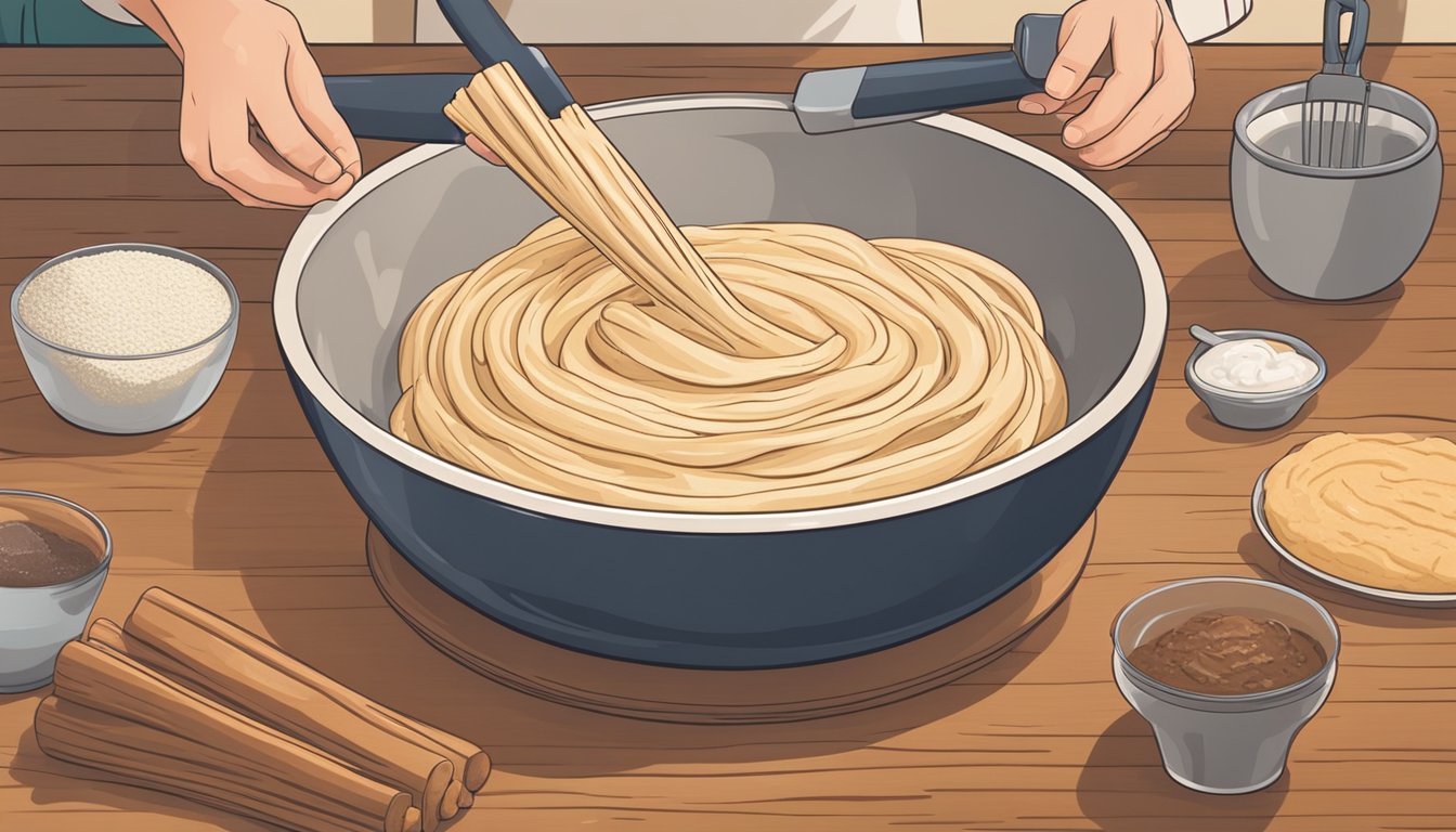 A person kneads churro dough in a large mixing bowl, surrounded by ingredients and utensils on a wooden countertop