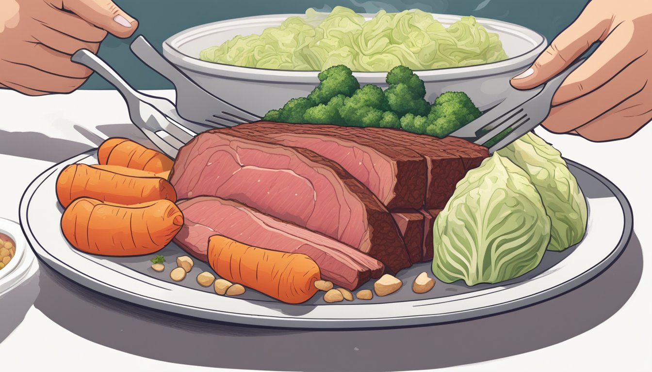 A hand holding a fork cuts into a thick slice of corned beef on a plate, steam rising from the tender meat. Surrounding the beef are small piles of cabbage, carrots, and potatoes