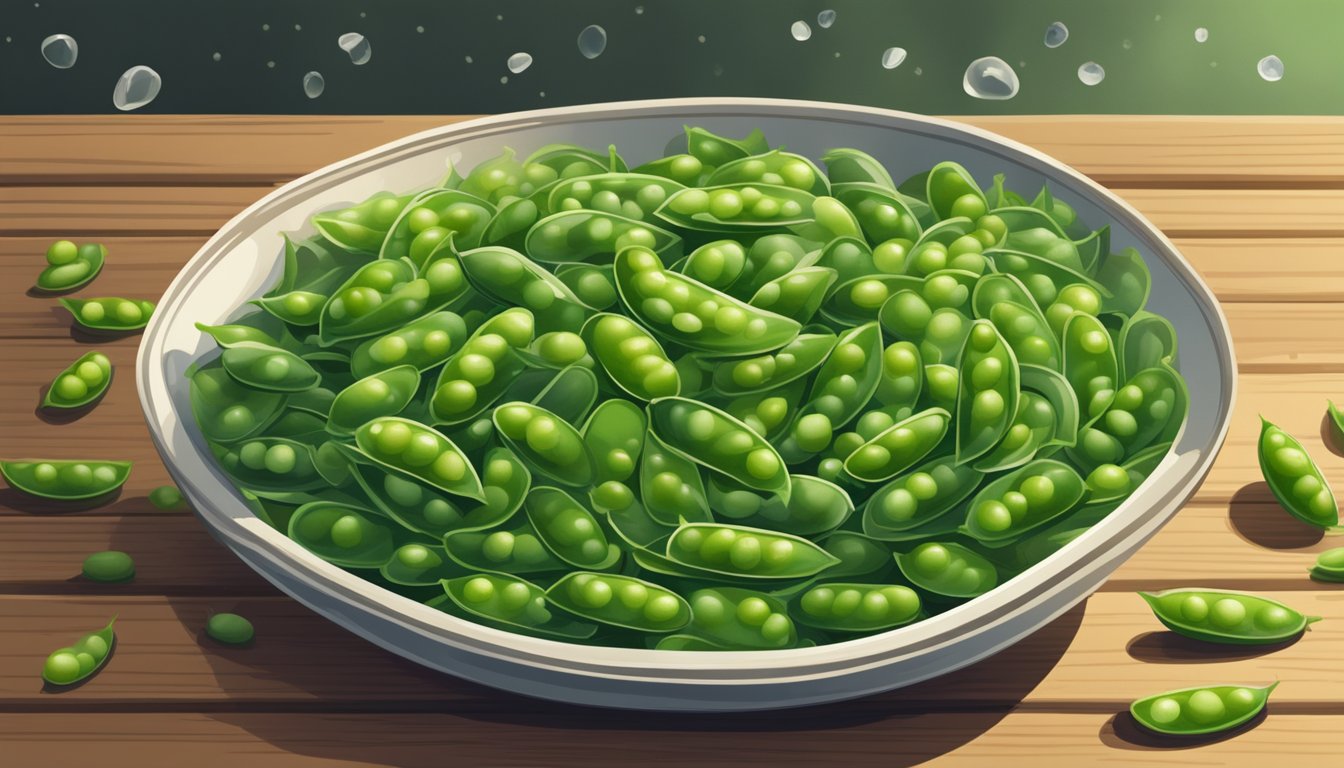 A bowl of steamed edamame sits on a wooden table, surrounded by empty pods. A sprinkle of sea salt glistens on the fuzzy green beans