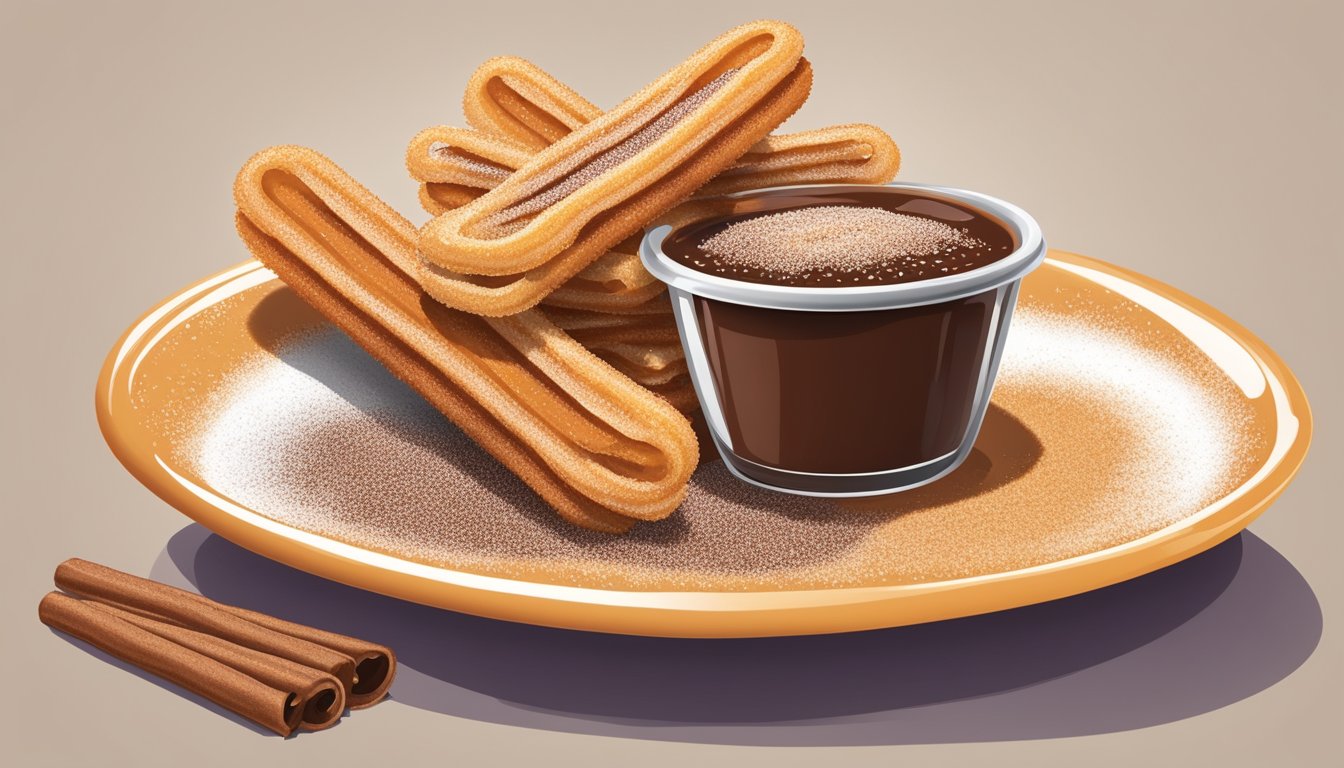 A plate of churros, coated in cinnamon sugar, with a side of chocolate and caramel dipping sauces. Sprinkled with powdered sugar and colorful sprinkles