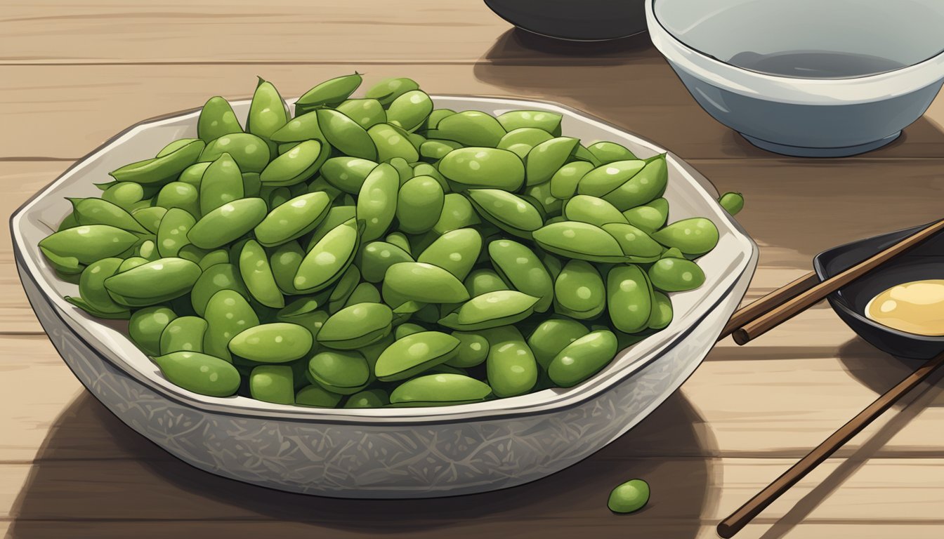 A bowl of edamame sits on a wooden table, surrounded by empty pods. A pair of chopsticks rests nearby