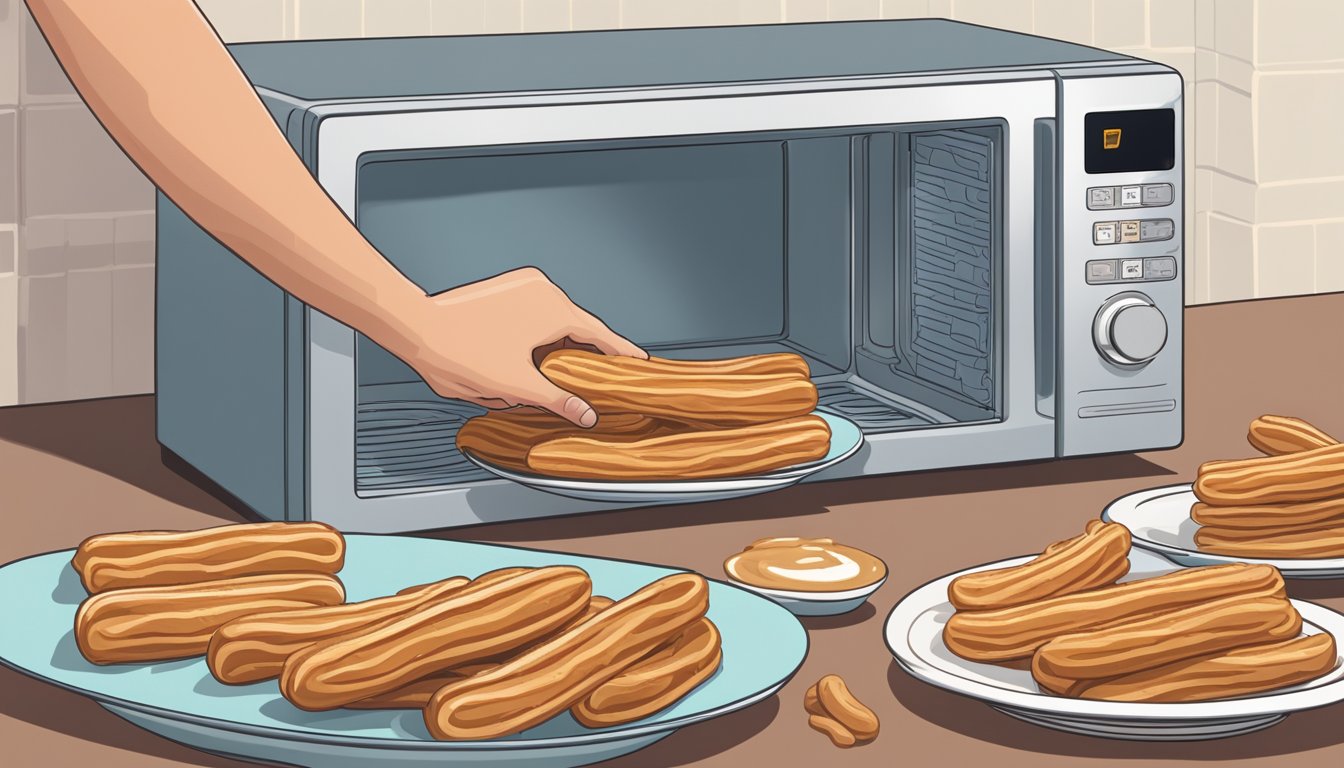 A plate of churros sits next to a microwave. A person's hand reaches for a churro while the other hand presses the microwave buttons