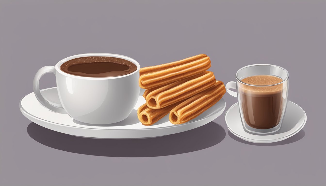 A table set with a plate of churros, a cup of hot chocolate, and a small dish of cinnamon sugar