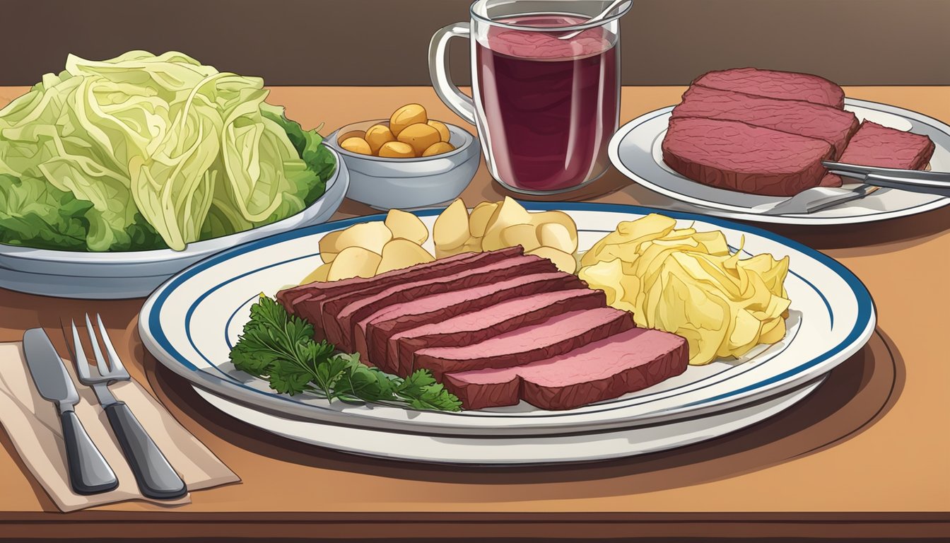 A plate with sliced corned beef, accompanied by a side of cabbage and potatoes, a fork and knife on the side