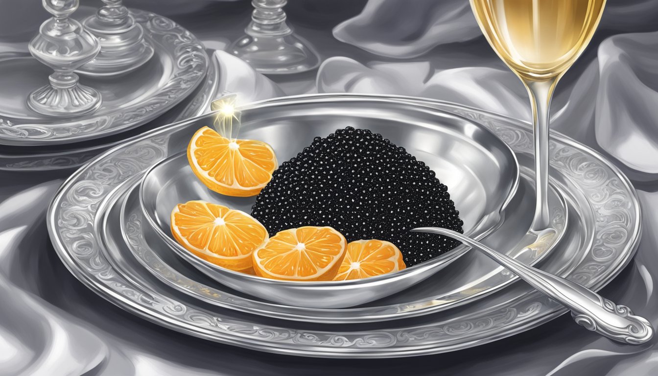 A silver spoon delicately scoops up black caviar from a crystal dish on a table set with fine china and a bottle of champagne