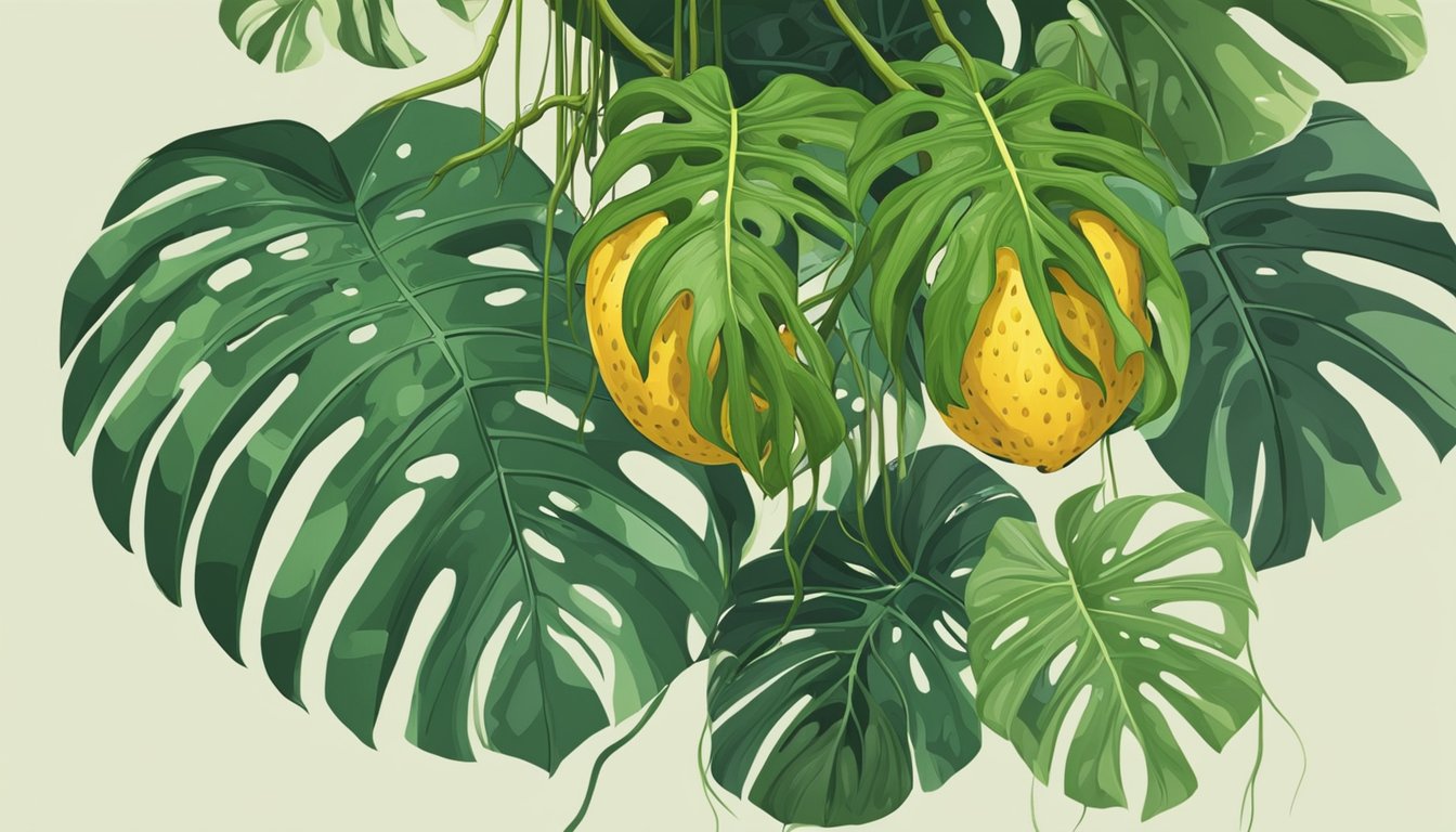 A ripe monstera fruit hangs from a vine, surrounded by lush green leaves and dangling roots. A hand reaches out to pluck the fruit