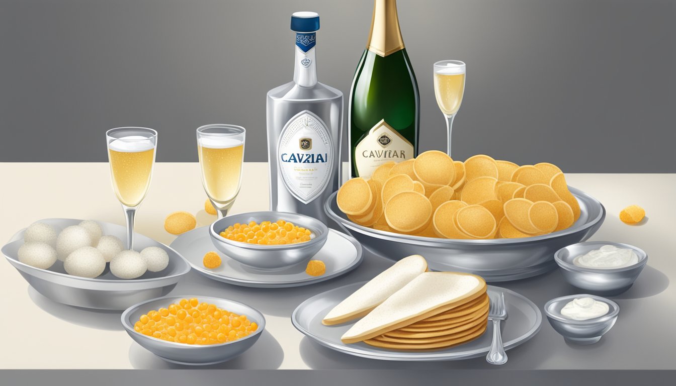 A silver platter holds a bowl of caviar, surrounded by delicate blini, chopped eggs, and sour cream. A bottle of chilled vodka and a flute of champagne sit nearby