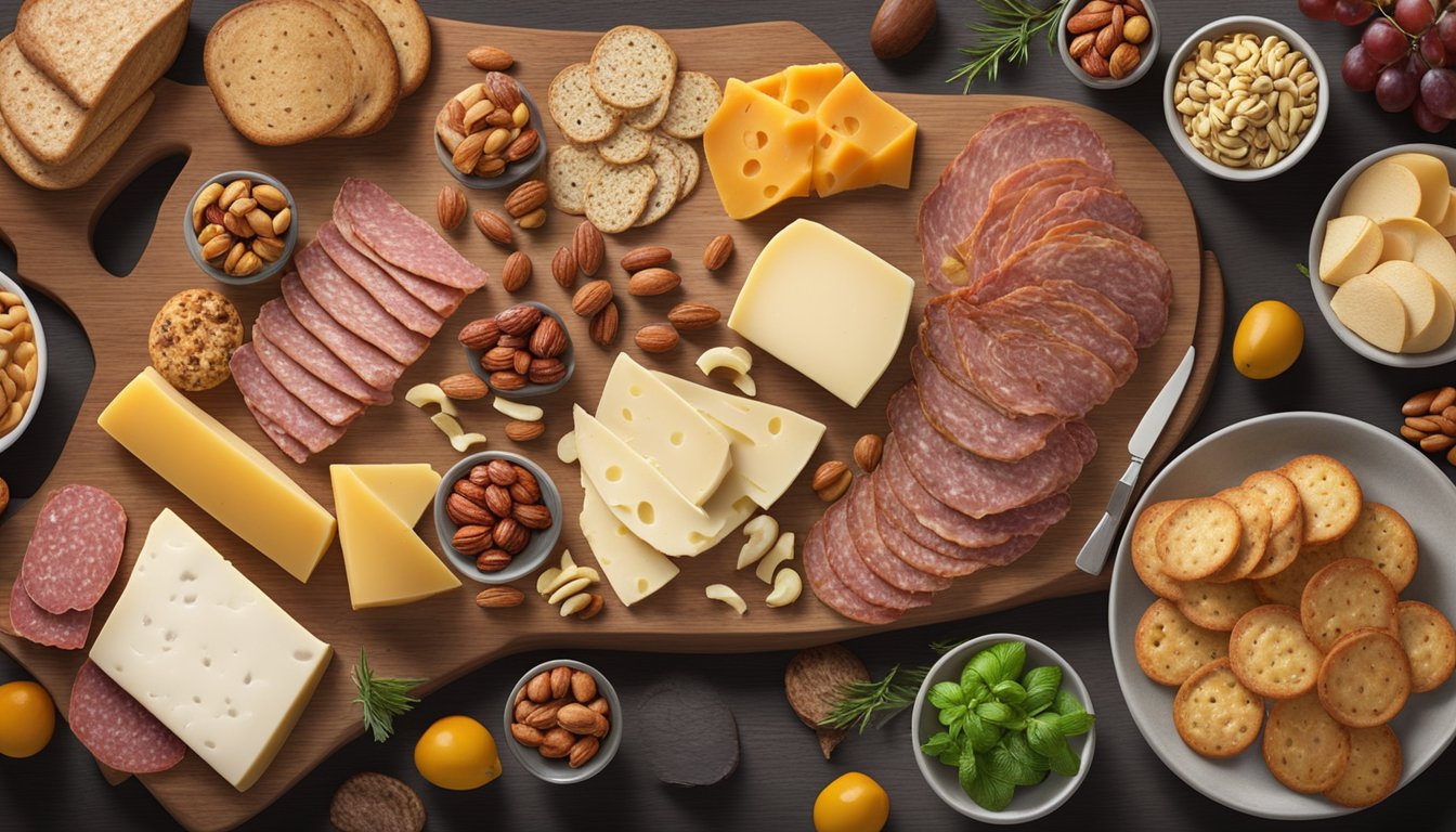 A wooden board holds an array of cured meats, cheeses, fruits, and nuts, accompanied by a variety of breads and crackers