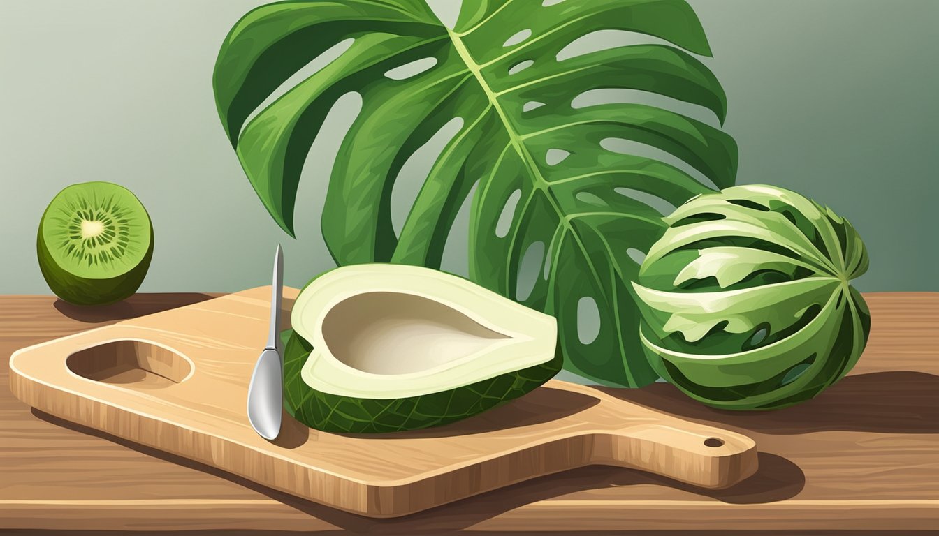 A ripe monstera fruit sits on a wooden cutting board, surrounded by a knife, a bowl, and a spoon. The fruit's green, spiky exterior contrasts with its creamy, soft interior