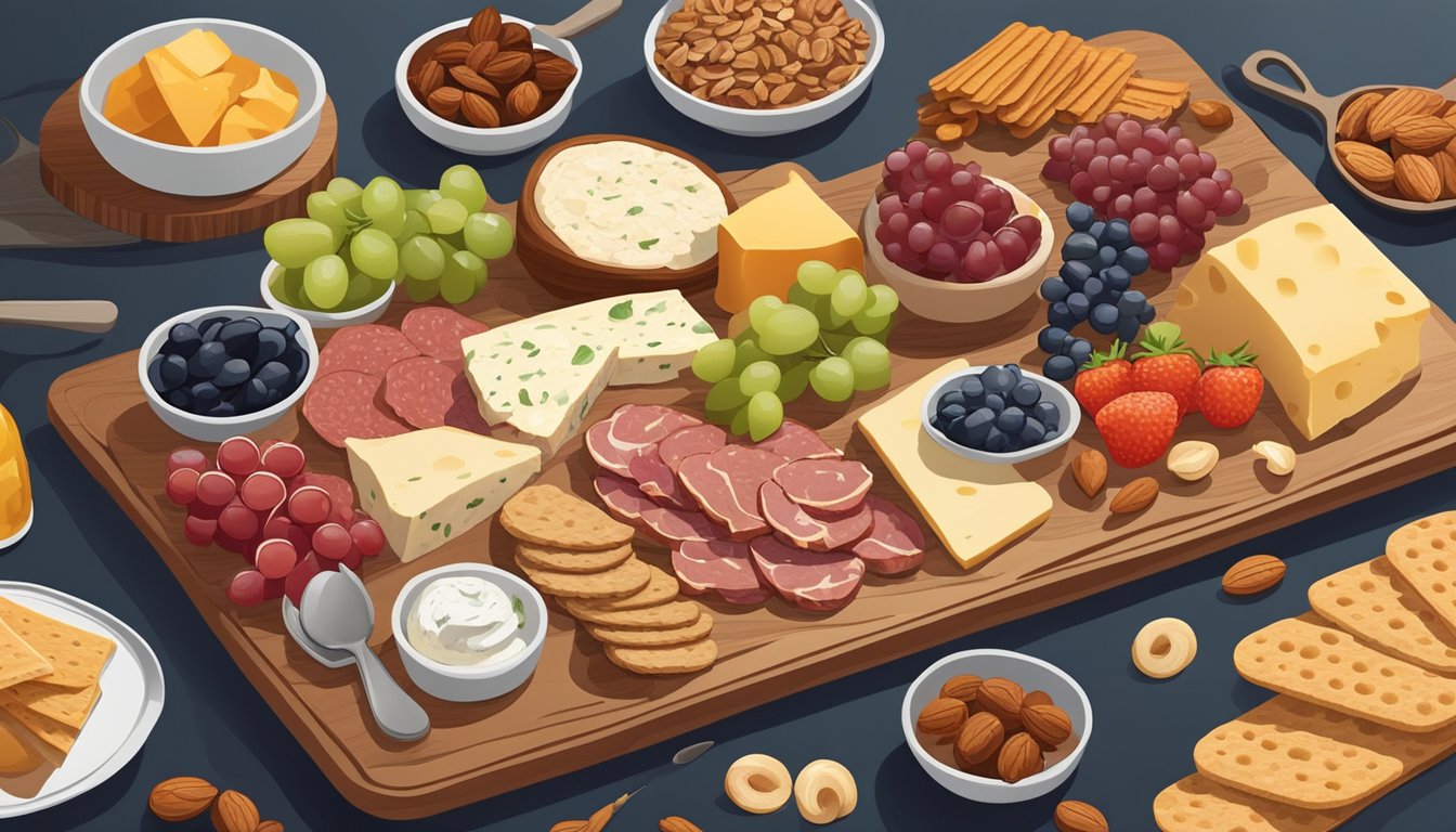 A charcuterie board with an assortment of meats, cheeses, fruits, nuts, and spreads arranged on a wooden platter with small serving utensils and crackers