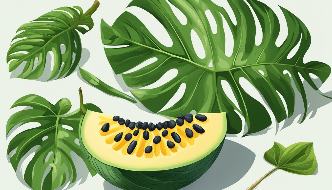 A monstera fruit is being carefully sliced with a knife, revealing the juicy flesh and large seeds inside. The fruit is surrounded by lush green leaves and vines