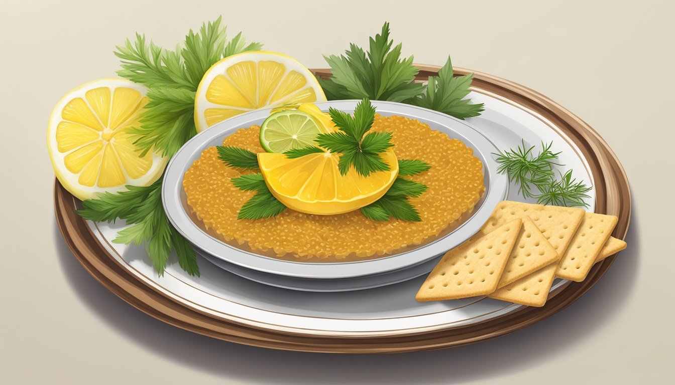 A plate of carp roe served with crackers, lemon wedges, and fresh herbs