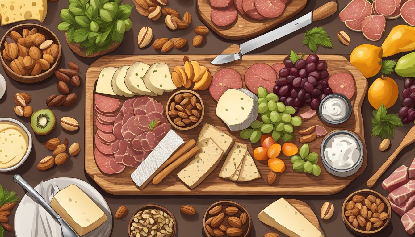 A wooden charcuterie board with an assortment of meats, cheeses, fruits, and nuts, accompanied by small serving utensils and a decorative knife