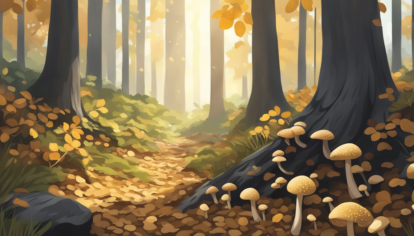 A forest floor with scattered morel mushrooms, surrounded by fallen leaves and dappled sunlight