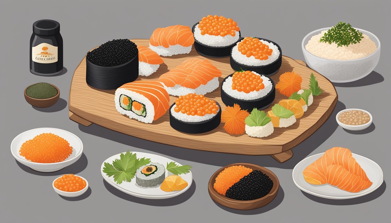 A spread of various dishes featuring carp roe, including sushi, taramasalata, and caviar, arranged on a wooden platter for comparison