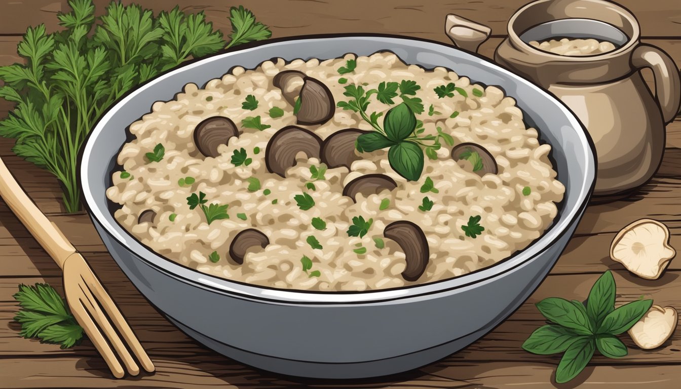 A bowl of creamy mushroom risotto with a sprinkling of fresh herbs, served on a rustic wooden table with a fork resting beside it