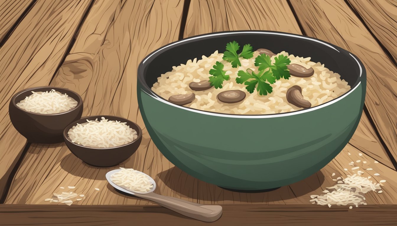 A steaming bowl of mushroom risotto sits on a rustic wooden table, garnished with freshly grated parmesan and chopped parsley