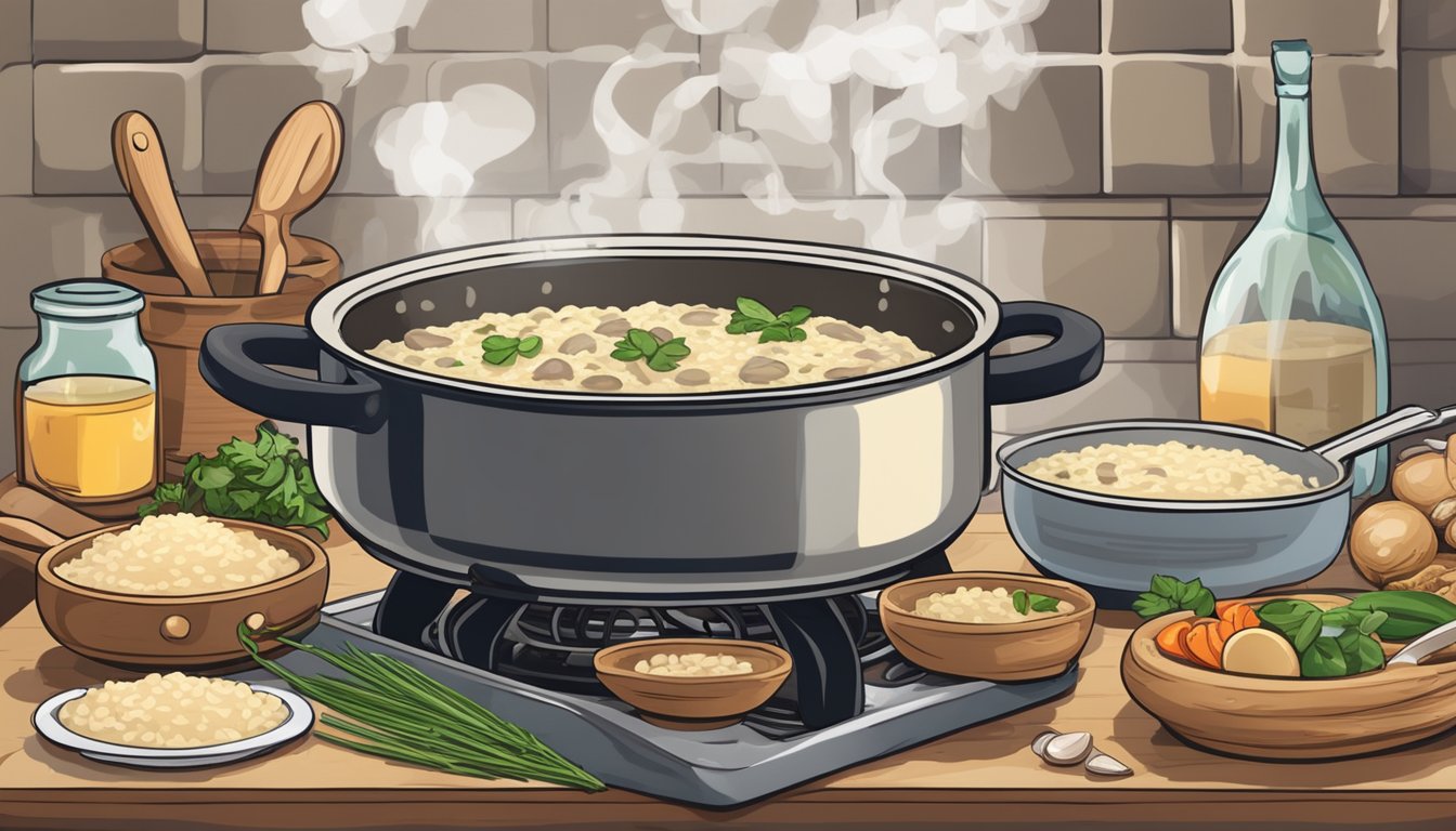 A steaming pot of mushroom risotto simmers on a stove, surrounded by fresh ingredients and cooking utensils. A wooden spoon stirs the creamy mixture as it thickens