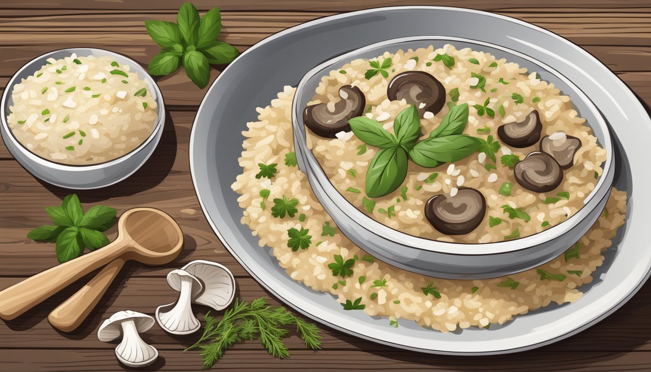 A steaming bowl of mushroom risotto sits on a rustic wooden table, garnished with fresh herbs and grated parmesan cheese