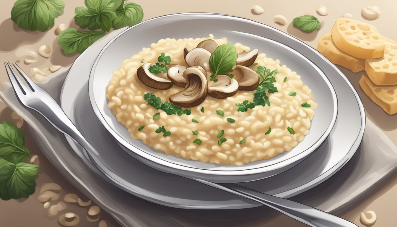 A fork twirls through creamy risotto, lifting a bite towards a waiting mouth. The rich aroma of mushrooms fills the air