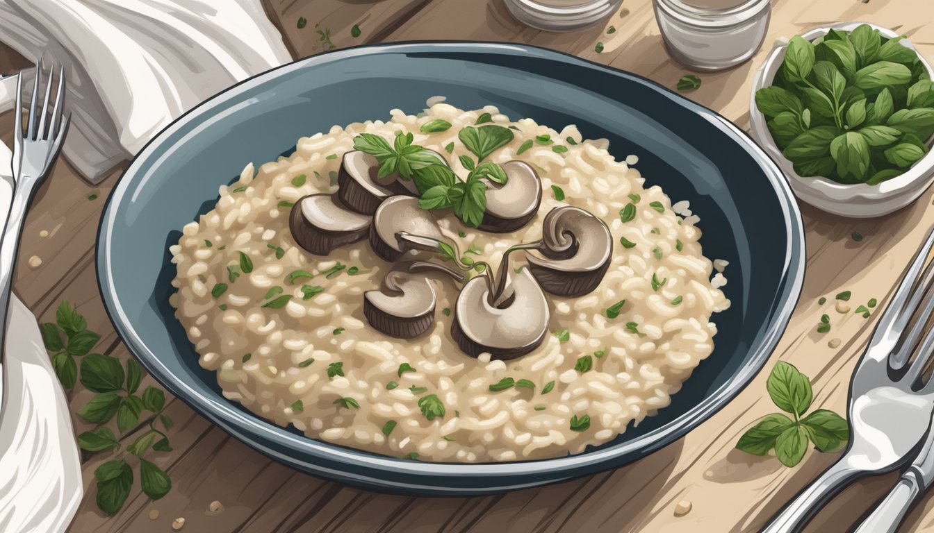 A fork twirls through creamy mushroom risotto, lifting a bite to a waiting mouth. A sprinkle of fresh herbs adds a finishing touch