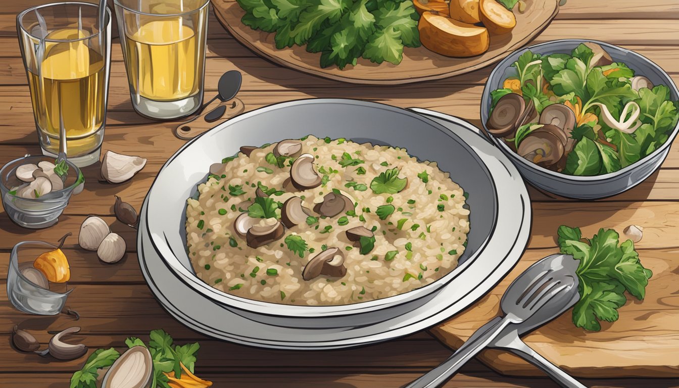 A steaming bowl of mushroom risotto sits on a rustic wooden table, surrounded by a variety of colorful side dishes and pairings, such as a fresh green salad and a glass of white wine