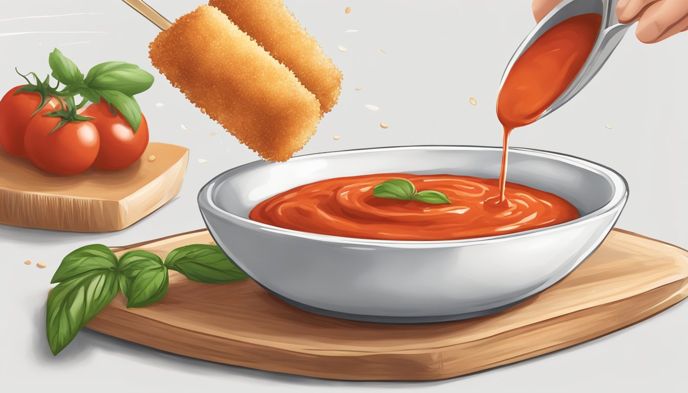 A mozzarella stick being dipped into a small bowl of marinara sauce