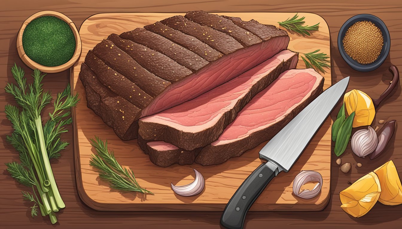 A cutting board with a large beef brisket, a sharp knife, and various seasonings scattered around