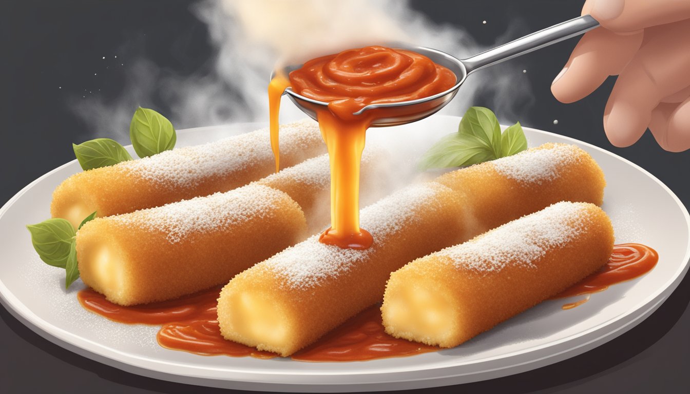 A mozzarella stick being dipped into marinara sauce on a plate, with steam rising from the hot, gooey cheese